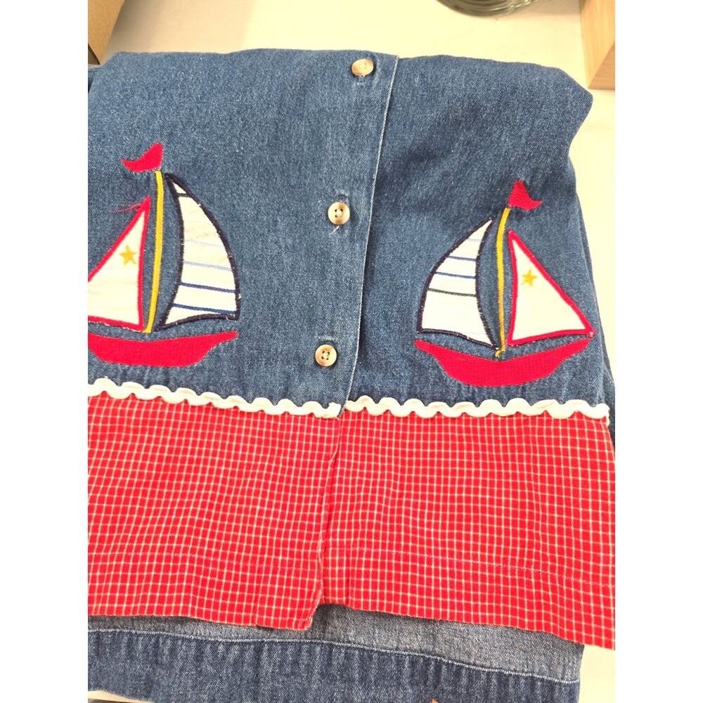 Vintage Chambray Embroidered Camp Shirt 2X Nautical Boat Cottage Gingham Coastal